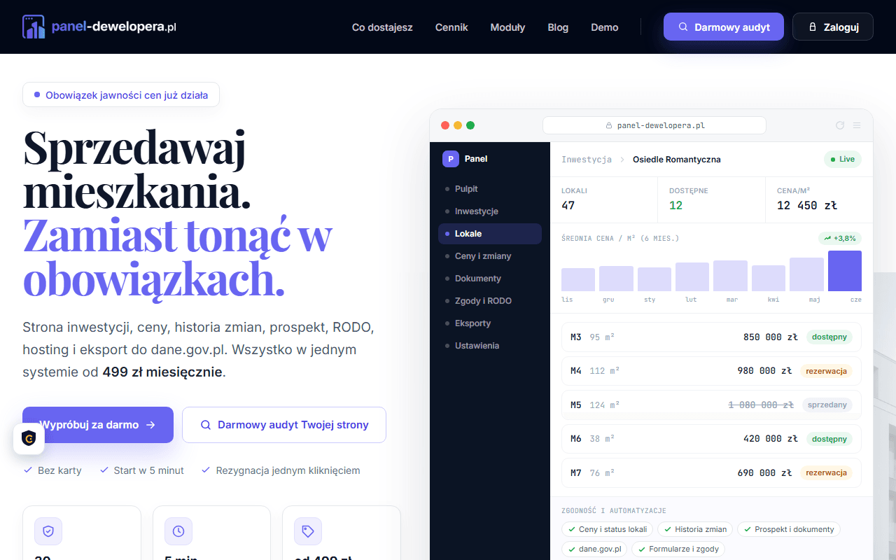 Zrzut ekranu Panel Dewelopera